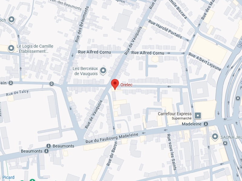 Carte Orelec : Rues Alfred Cornu, Vauquois, Madeleine Carte de la zone d'Orelec avec les rues Alfred Cornu, Vauquois, Faubourg Madeleine, et commerces Carrefour Express et Madeleine.